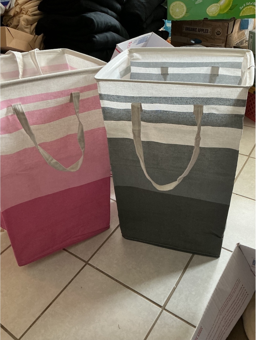 HomeHacks 2 Pack Large Fabric Laundry Hampers with Handles - Grey and Pink Striп